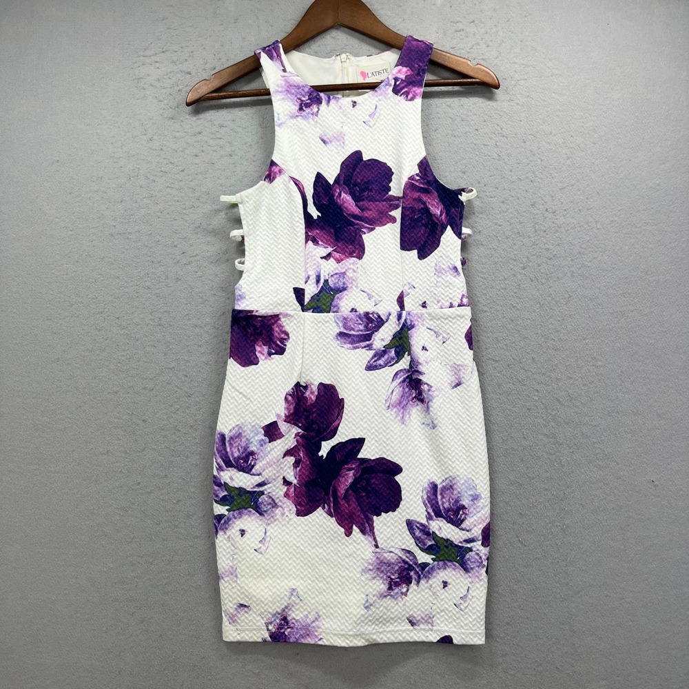 L'atiste Mini Dress Women S White Purple Floral Side Cutout Bodycon Party Summer